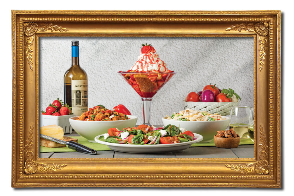 Food from Buca's Summer LTO menu in a gold frame